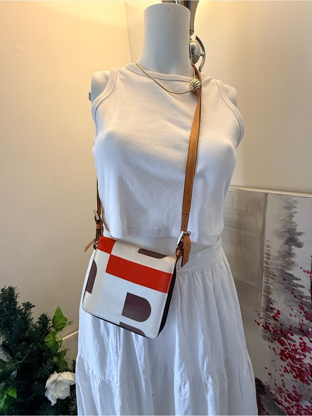 Bally White Canvas Crossbody with Orange and Brown Graphic